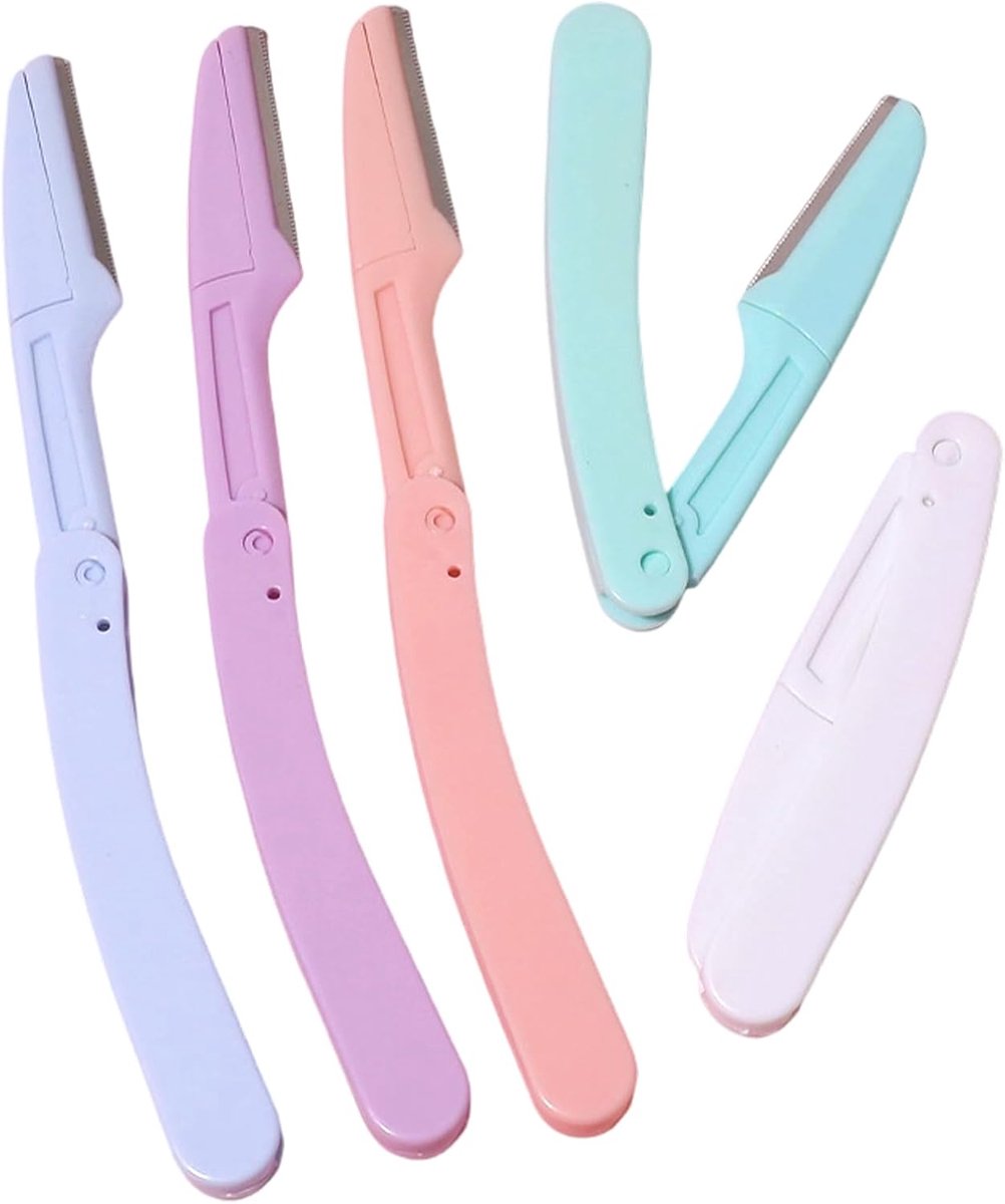 5 stuks wenkbrauwscheermesjes, inklapbaar, met beschermnet, precisie-wenkbrauwvormer en gezichtsscheerapparaat voor dames, gezichtshaarverwijderingsset voor dermaplaning, 14,8 cm, kleurrijk