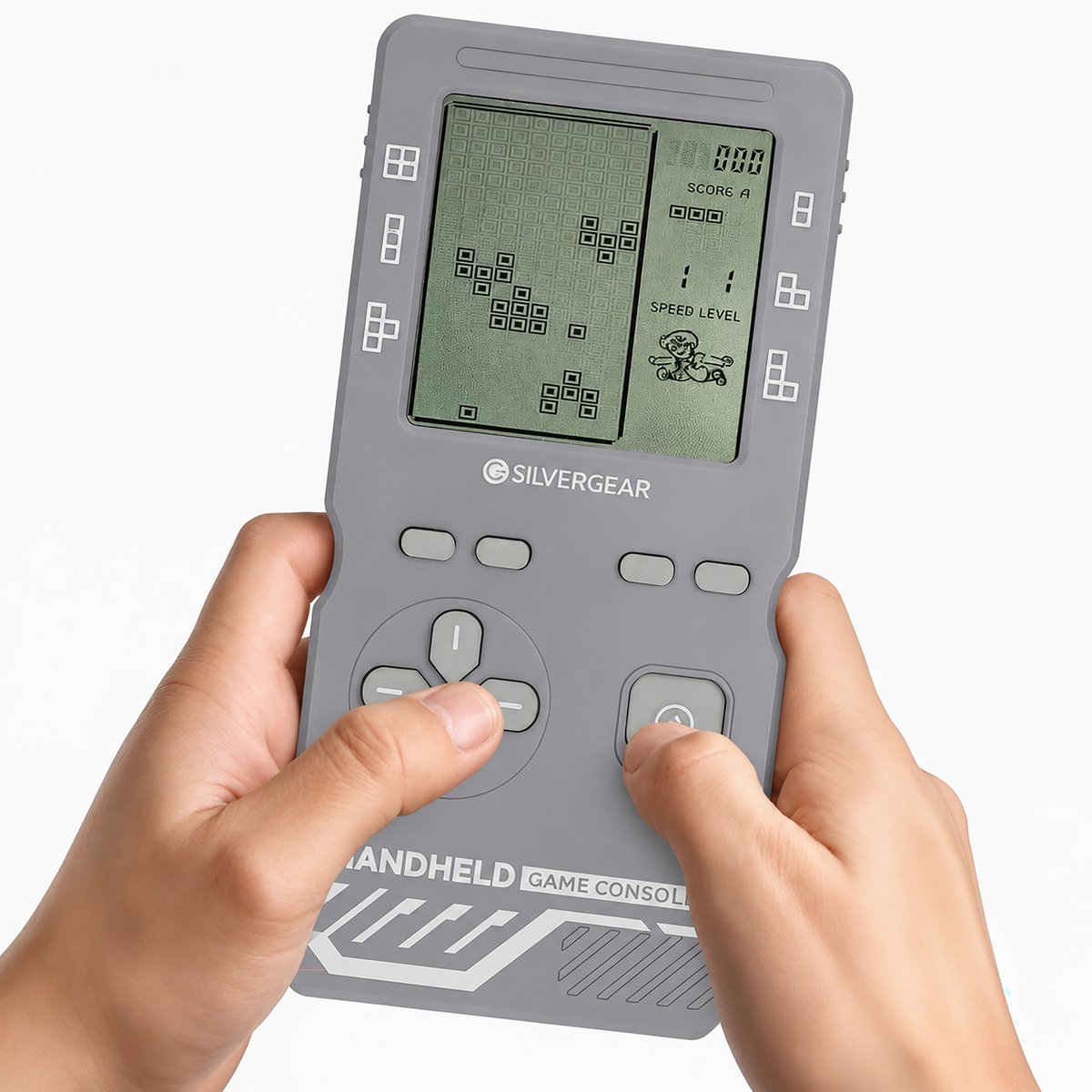 Silvergear Retro Spelcomputer Blokkenspel 26 Spelletjes - Speelgoed Voor in de Auto - Mini Arcade Game Console voor Kinderen - Puzzel Speelgoed - Reisspelletjes Voor Kinderen - Cadeau voor Jongens en Meisjes - Vakantie - 6, 7+ Jaar - Lichtgrijs