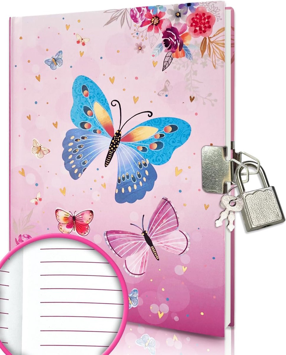 Geheim Dagboek met Slot 18 x 13,5 cm - Roze Vlinder - 160 Pagina's - Voor Creatieve Meisjes - SnelShoppen