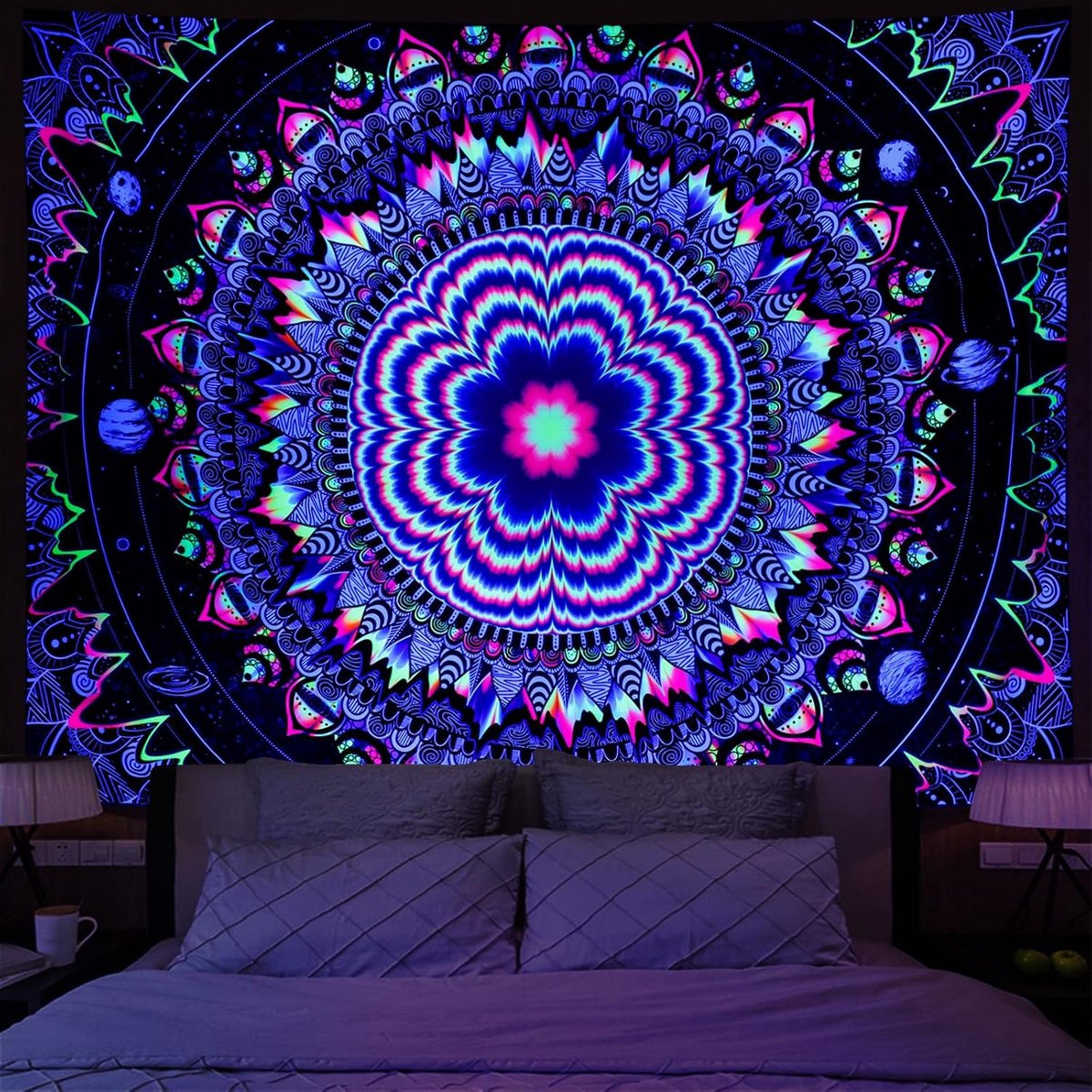 Tapestry Trippy Mandala Tapestry UV Reactief Galaxy Sterren Tapestry Boheemse Neon Wandtapijt Muur Opknoping Hippie Zwart Licht Poster voor Woonkamer