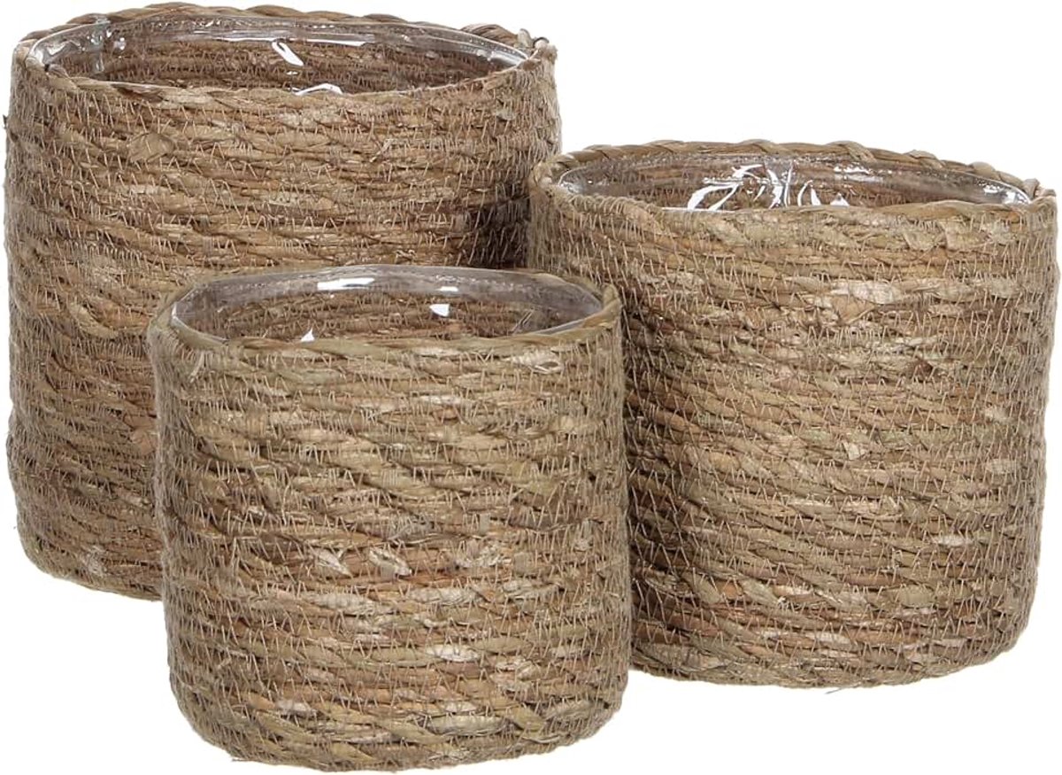 Decorations Atlantic Plantenmand - Set van 3 - H16 x Ø16 cm - Zeegras - Lichtbruin