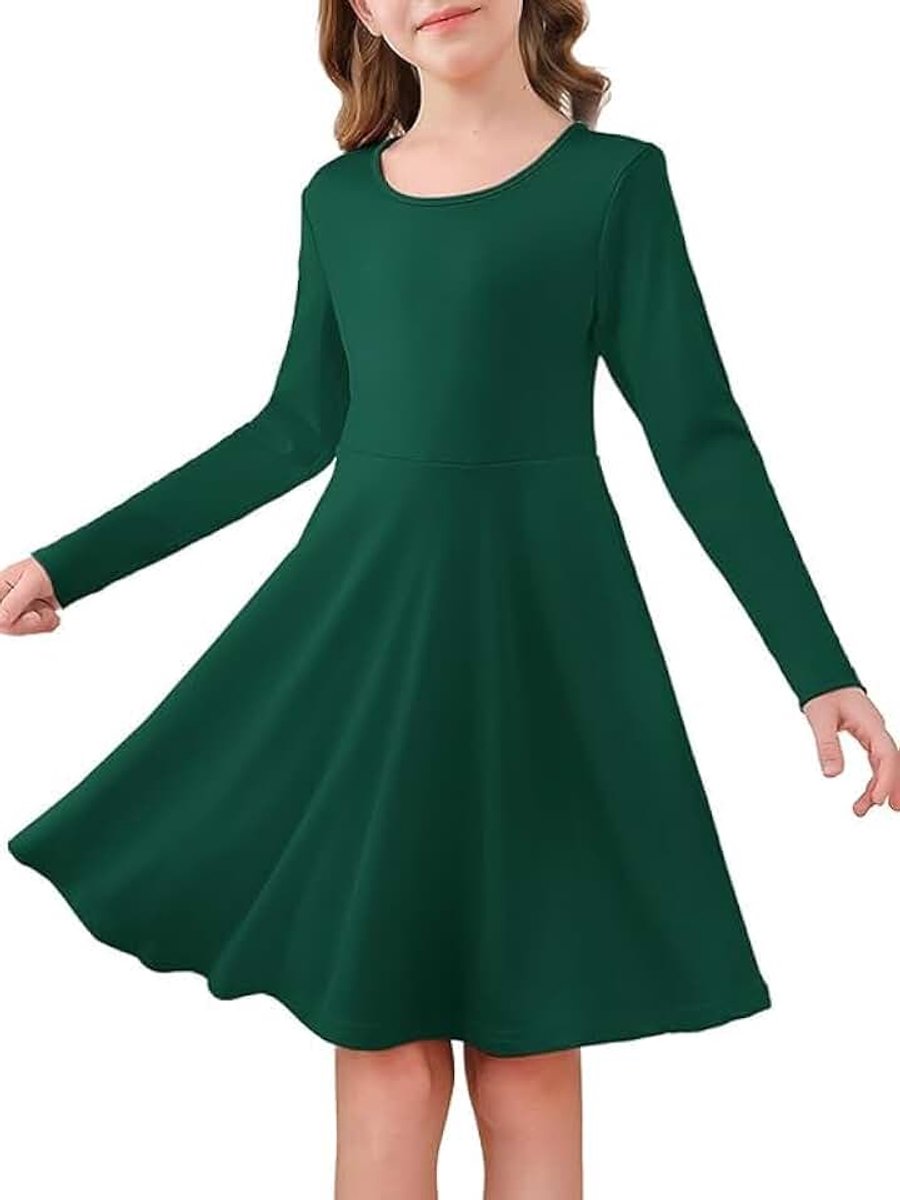 Meisjesjurk met lange mouwen, ronde hals, vrijetijdsjurk, A-lijn, elegante partyjurk, effen, casual, midi-jurk, feestelijke bruiloft, kinderjurk, 5-14 jaar, groen, 9-10 Jaar
