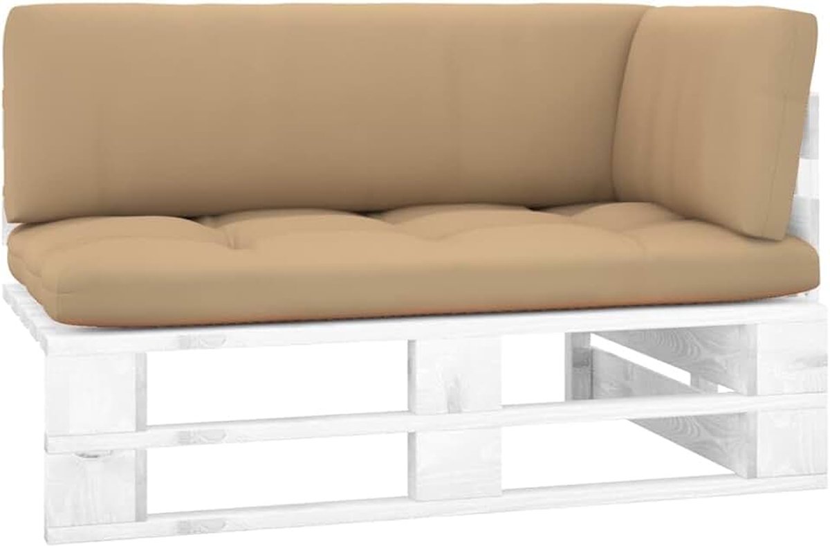 Pallethoekbank van geïmpregneerd grenenhout, witte modulaire bank voor tuin en terras, inclusief kussens, duurzaam en onderhoudsvriendelijk, ideaal als onderdeel van een loungeset