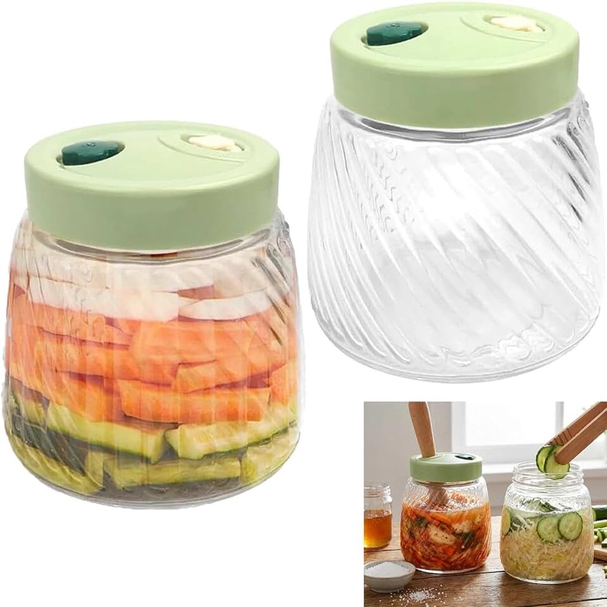 2 stuks glazen fermentatiepotten van 1 liter met dubbele airlock-ventiel, luchtdichte kimchi zuurkool, fermentatiejarenset met tongs en tamper voor honing pickling