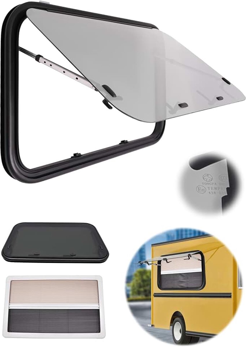 900 x 550 mm, caravanraam, camperraam met rolgordijn, camper, 65°, camperraam met vliegengaas, zijraam, extern duwraam voor caravans, bestelwagen