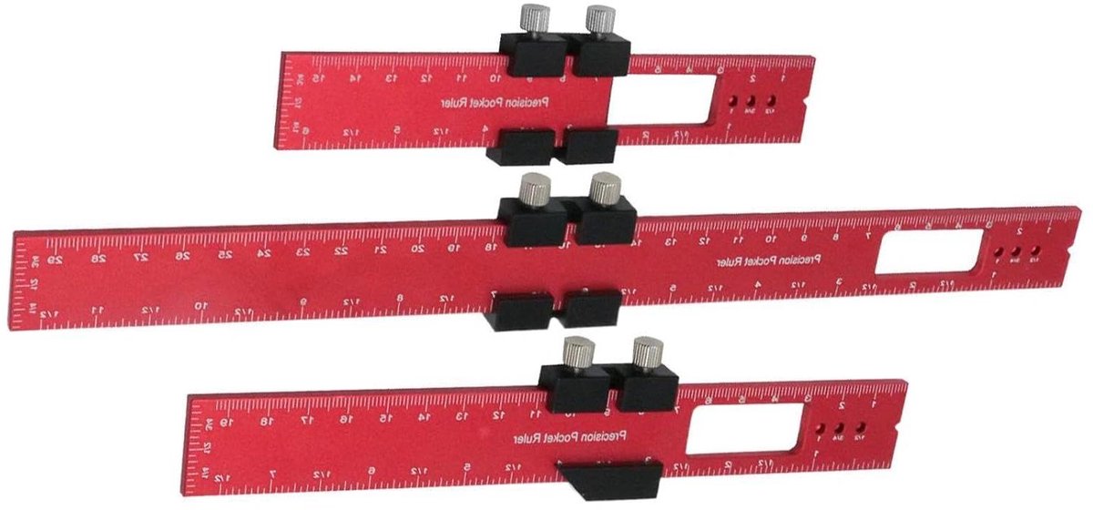 Houtbewerkingsliniaal Set - Meetgereedschap Aluminium - Nauwkeurig Meten - Verstelbare Schuifstop - 16 20 30 cm - Aluminiumkleur