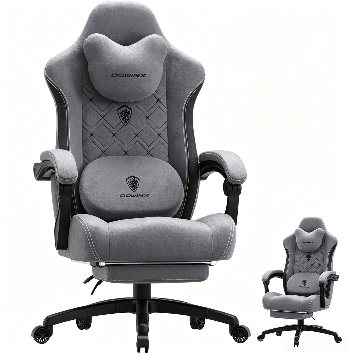 Dowinx Gaming stoel - grijs gamestoel stof - ergonomische bureaustoel tasveren, gamestoel met voetsteun - gamestoel tot 150kg - ademende gamestoel - gamestoel voor volwassenen