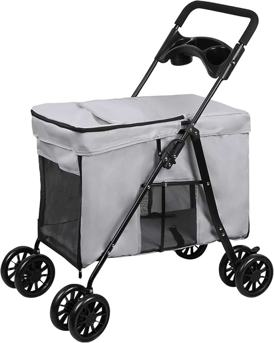 Buggy voor honden en katten, opbergmand, bekerhouder, 300D Oxford-stof, waterdicht, 4 wielen, huisdieren, reizen, kinderwagen voor honden, (C) 95 x 75 x 49 cm - grijs