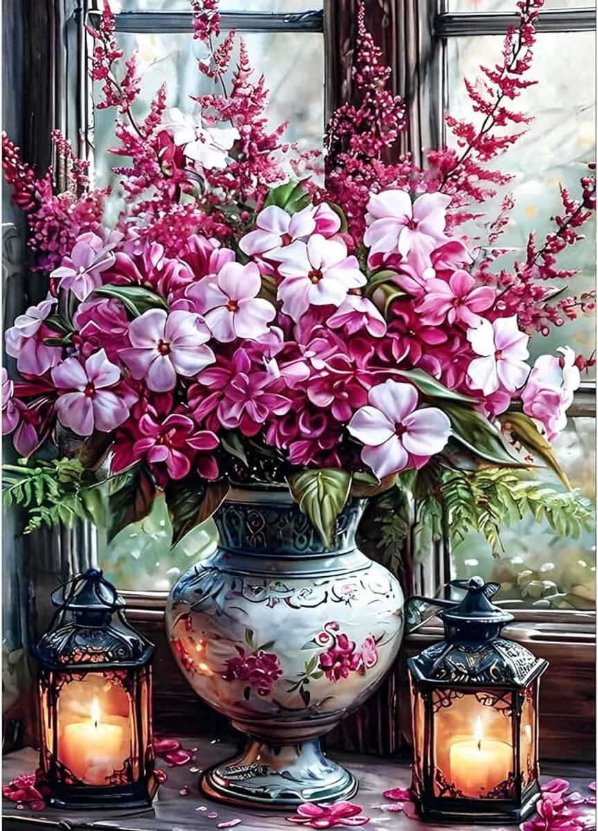 Doe-het-zelf 5D kleurrijke bloemen diamond art kit, ronde full drill sprankelende kaars diamond painting schilderij, raam, schilderen op nummers, kunstkits voor volwassenen, beginners
