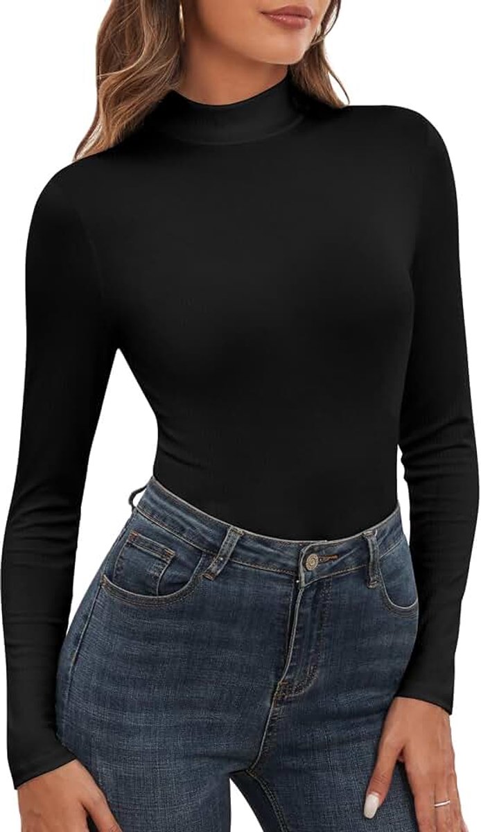 Damestop met opstaande kraag en lange mouwen, geribbelde top met lange mouwen, elegante basic ondertrui, zwart, S