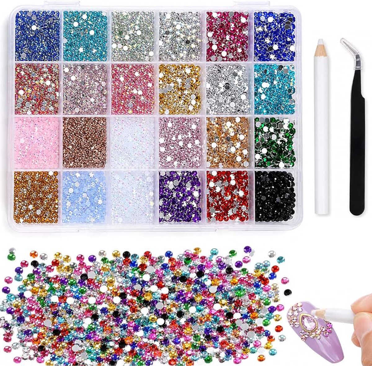 36.000 stuks kunstharssteentjes - 3-4 mm - Meerkleurig - Plat en rond - Geschikt voor nail art, gezichtsschilderen, kostuums en andere doe-het-zelf creaties (met pincet)