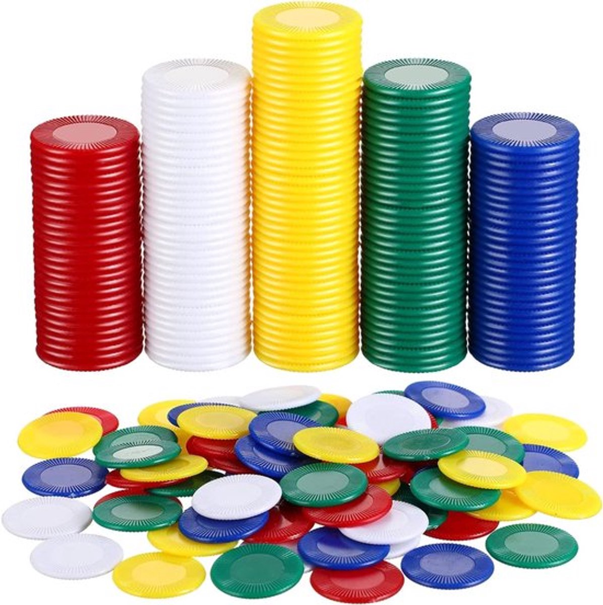 1000 Stuks Plastic Poker Chips in 5 Kleuren voor Kinderen, Ideaal voor Spellen, Leren en Wiskunde, Bingo en Beloningen, 0.86 Inch