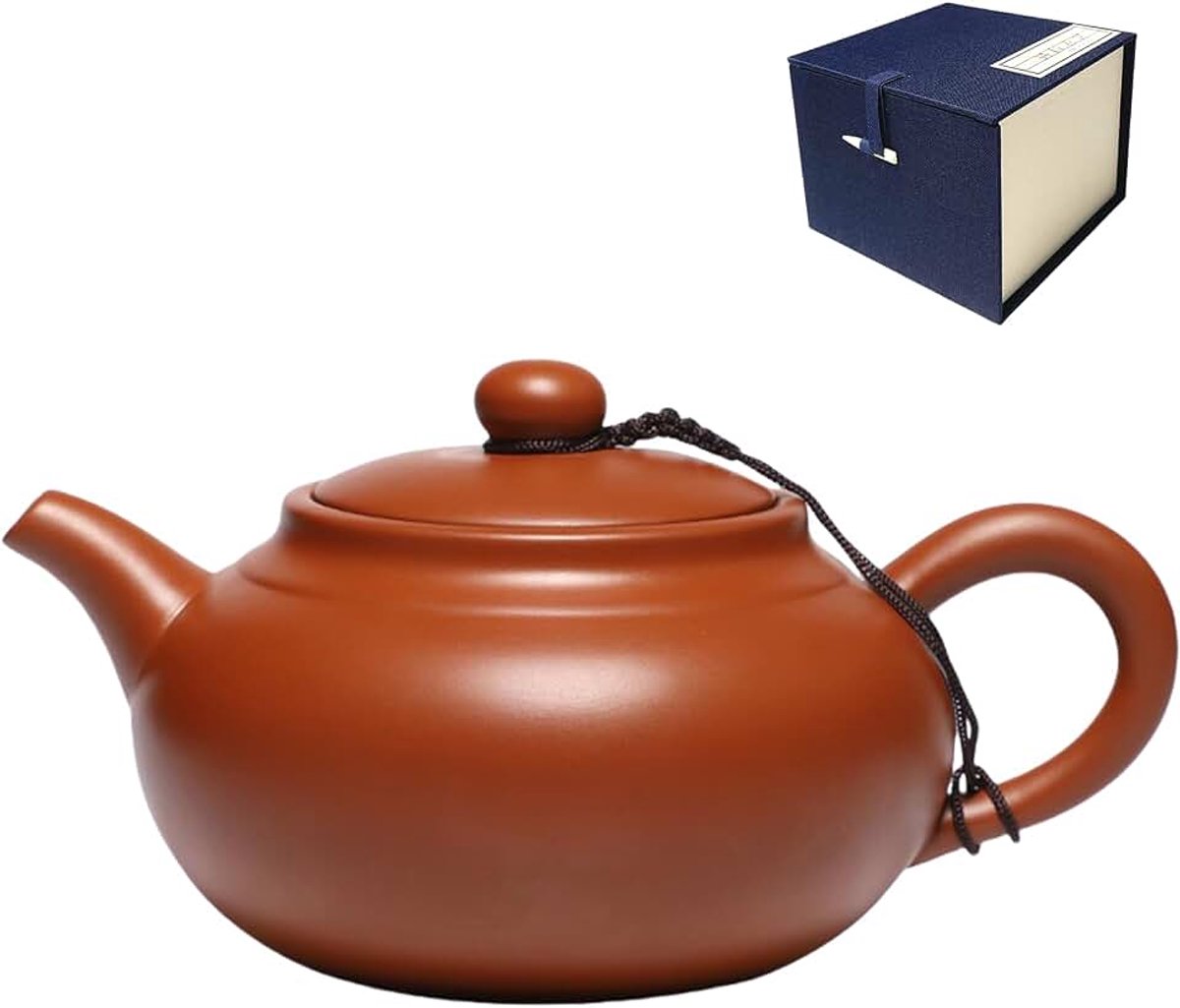 Zisha Theepot 400 ml, Chinese Handgemaakte Fanggu Theepotten van Klei met Doos, Grote Kung Fu Paarse Kleipot voor Losse Thee, Roodbruin | Traditionele handgemaakte Kung Fu theepot van terracotta met doos voor theeliefhebbers