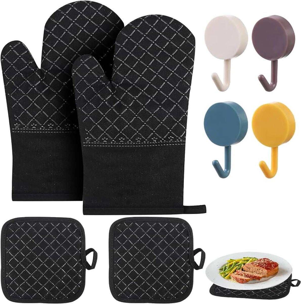 Ovenhandschoenen, ovenhandschoenen en pannenlappen, 2 stuks, hittebestendige handschoen 260 °C, voor koken, grillen, braden en oven