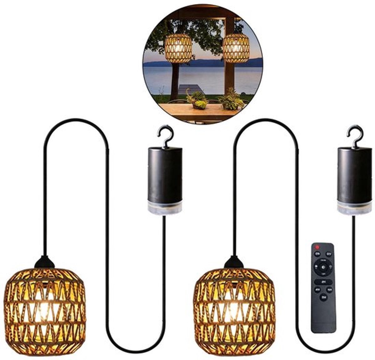 Twee sets batterijgevoede hanglampen in bohemianstijl met afstandsbediening, draadloze rotan hanglampen, geschikt voor tuinen, campings en balkons, LED-hanglampen met haken.