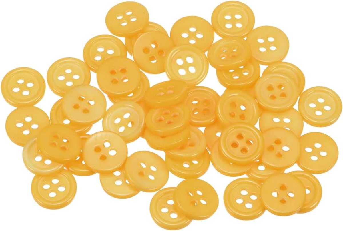 Knopen voor het naaien, 11,5 mm, van hars, rond, plat, 4 gaten voor het naaien van kleding en knutselen, geel