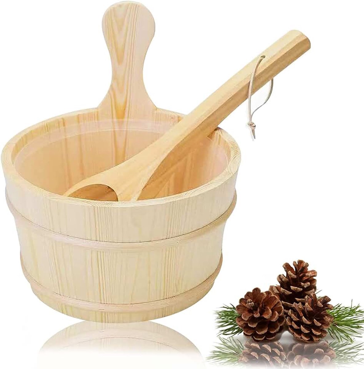 4 l sauna, 3-delige complete set sauna-emmer met troffel hoogwaardig Finse grenen, hout, sauna-accessoires, saunakanemmer, opgietemmer met kunststof opzetstuk (sauna-emmer + lepel +