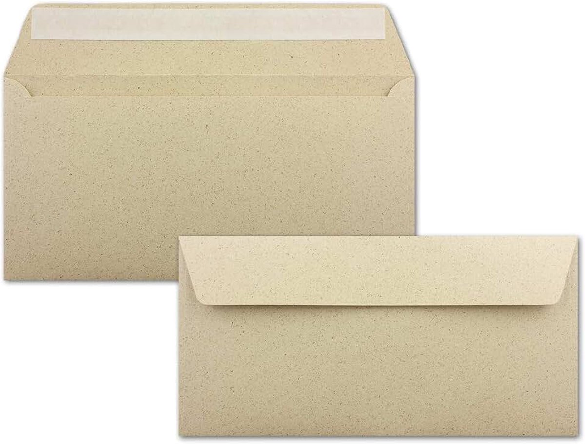 50 DIN lange enveloppen, kraftpapier, ecopapier, milieupapier van graspapier, 11 x 22 cm, 120 g/m², zelfklevende enveloppen zonder venster Glüxx-Agent