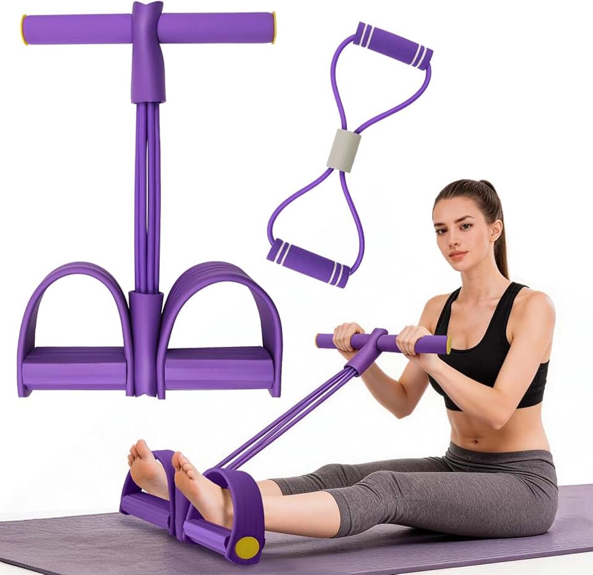Sit-up-trainingsapparaat, bodybuilding expander, 6 tubes elastisch trektouw met 8-vormige weerstandsbanden, multifunctionele full-body trainer voor thuis, fitness, yoga, training