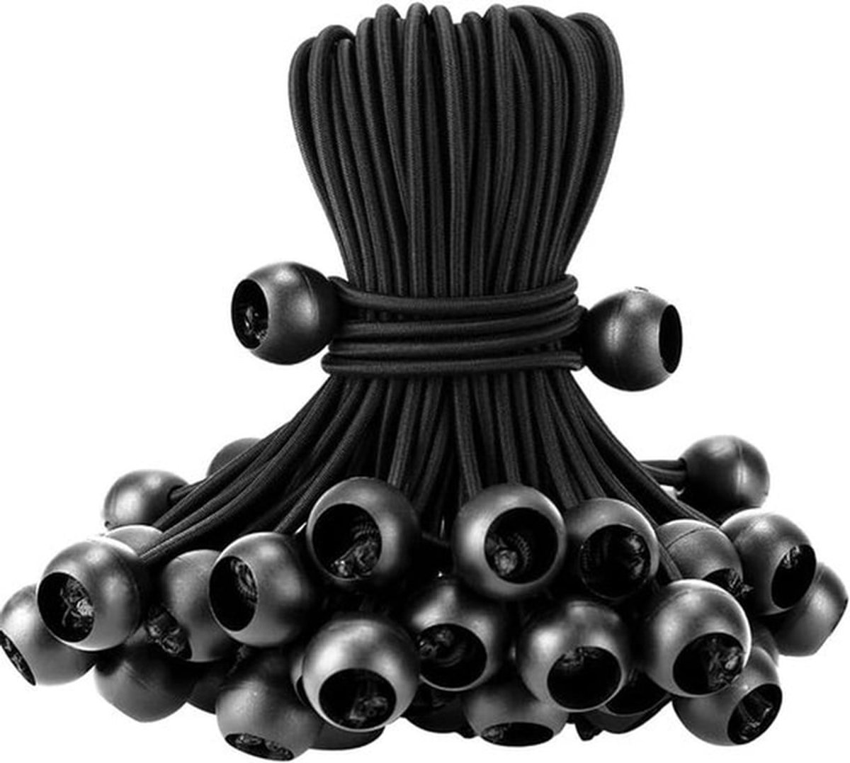 Set van 20 elastische koorden met ballen, 15 cm lang, zwaar uitgevoerde zeilbal voor dekzeil, kamperen, tarp en huishoudelijke klussen - Zwart