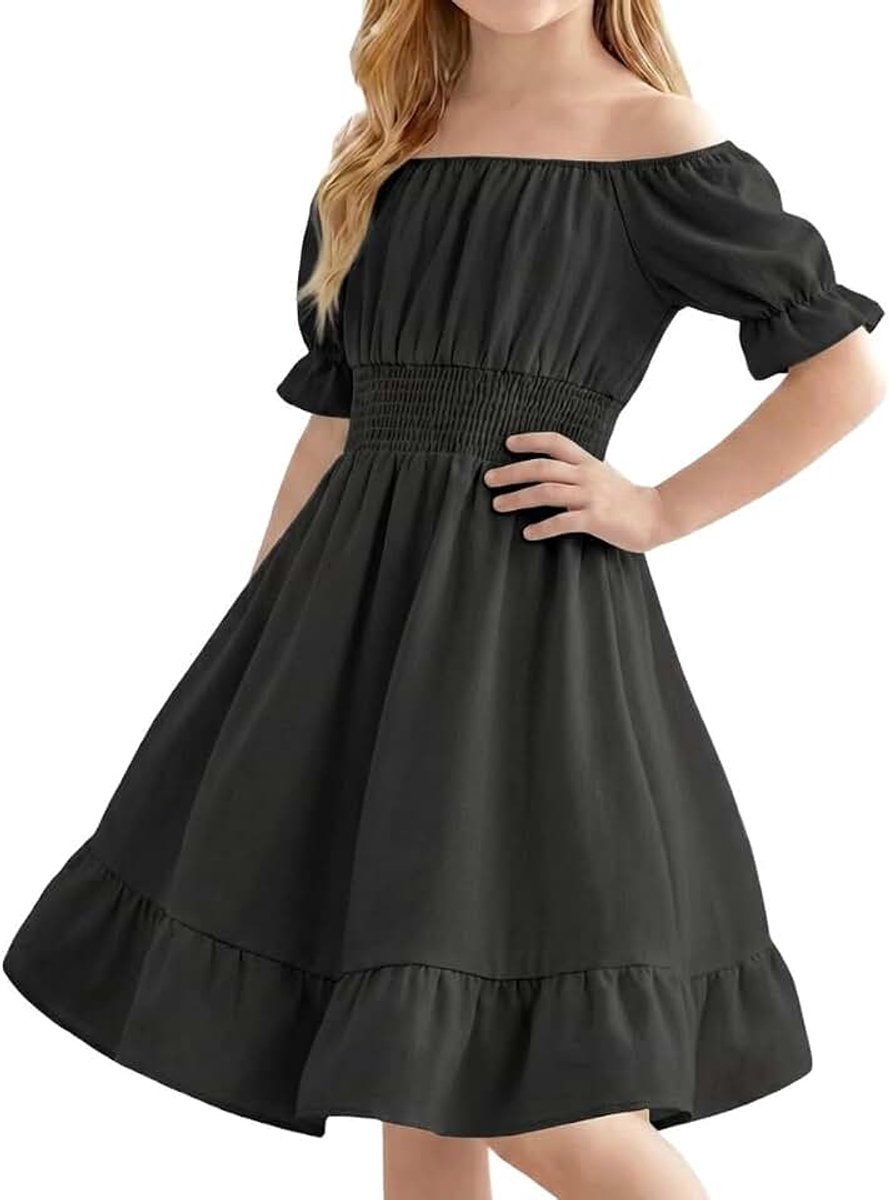 Meisjesjurk met zak off-shoulder korte mouw A-lijn jurken kinderen elegante bruiloft casual kleding voor 5-13 jaar