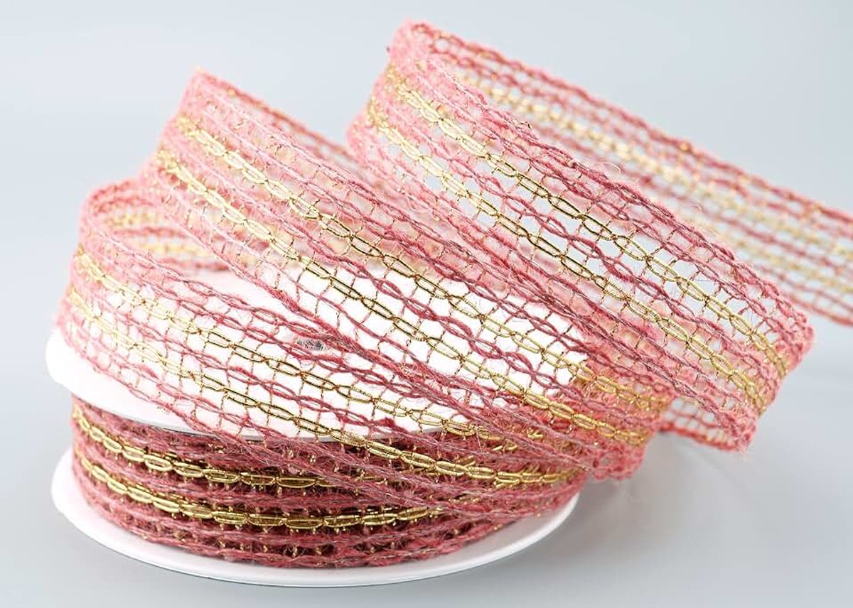 10 m x 30 mm kantlint ATENA ROSA oudroze goud (155) decoratielint met draad en lurex jute netband met natuurlijke materialen biologisch afbreekbaar natuur landhuis floristisch lint tafeldecoratie jutegaren