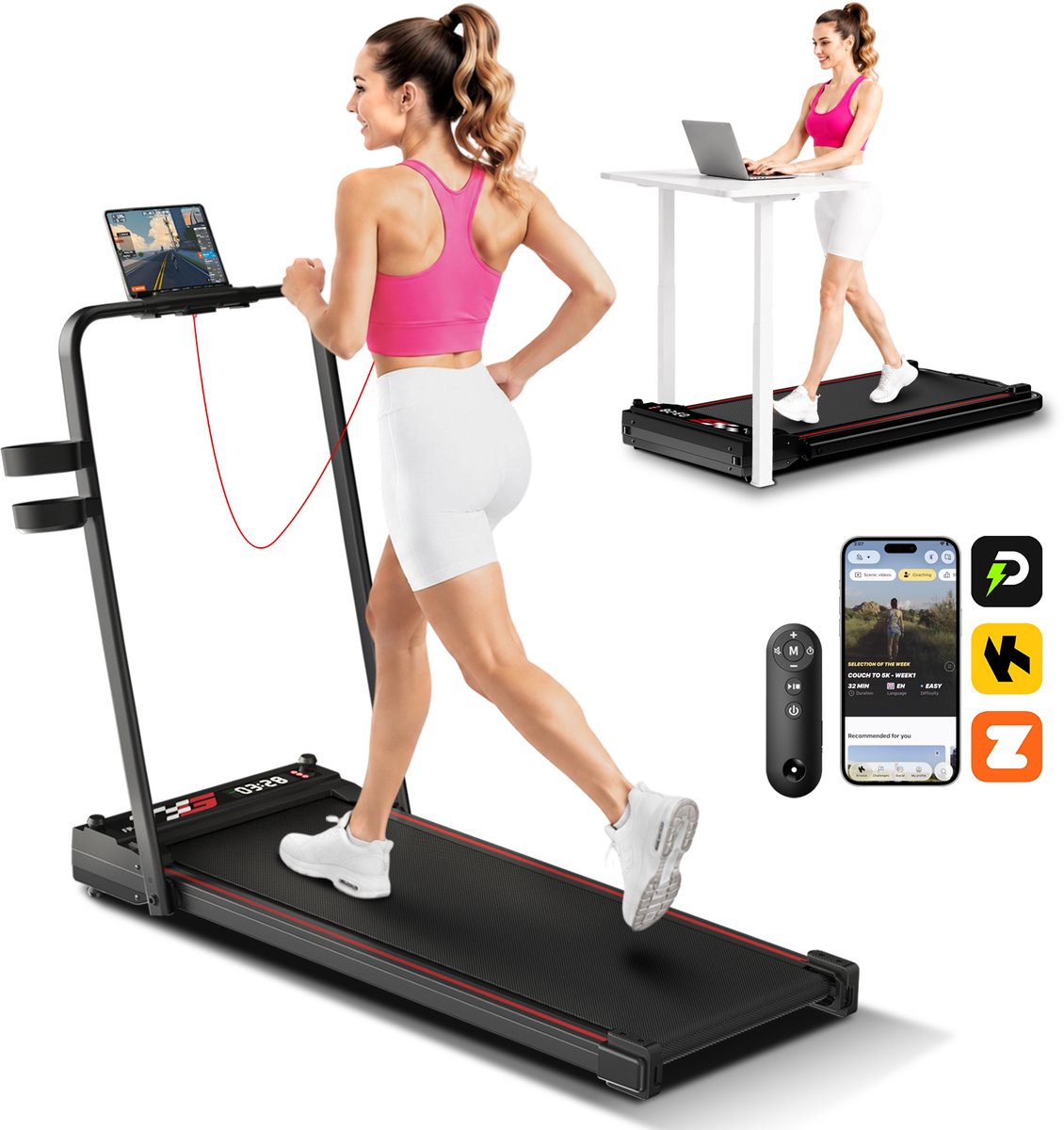 PULSE360 Loopband Inklapbaar Elektrisch - Wandelpad met Afstandsbediening, magnetische telefoonhouder & zuignap telefoonhouder, bekerhouder - Dubbelzijdig 920x370mm - 1‑14 km/u - Voetmassage - Stil voor Thuis