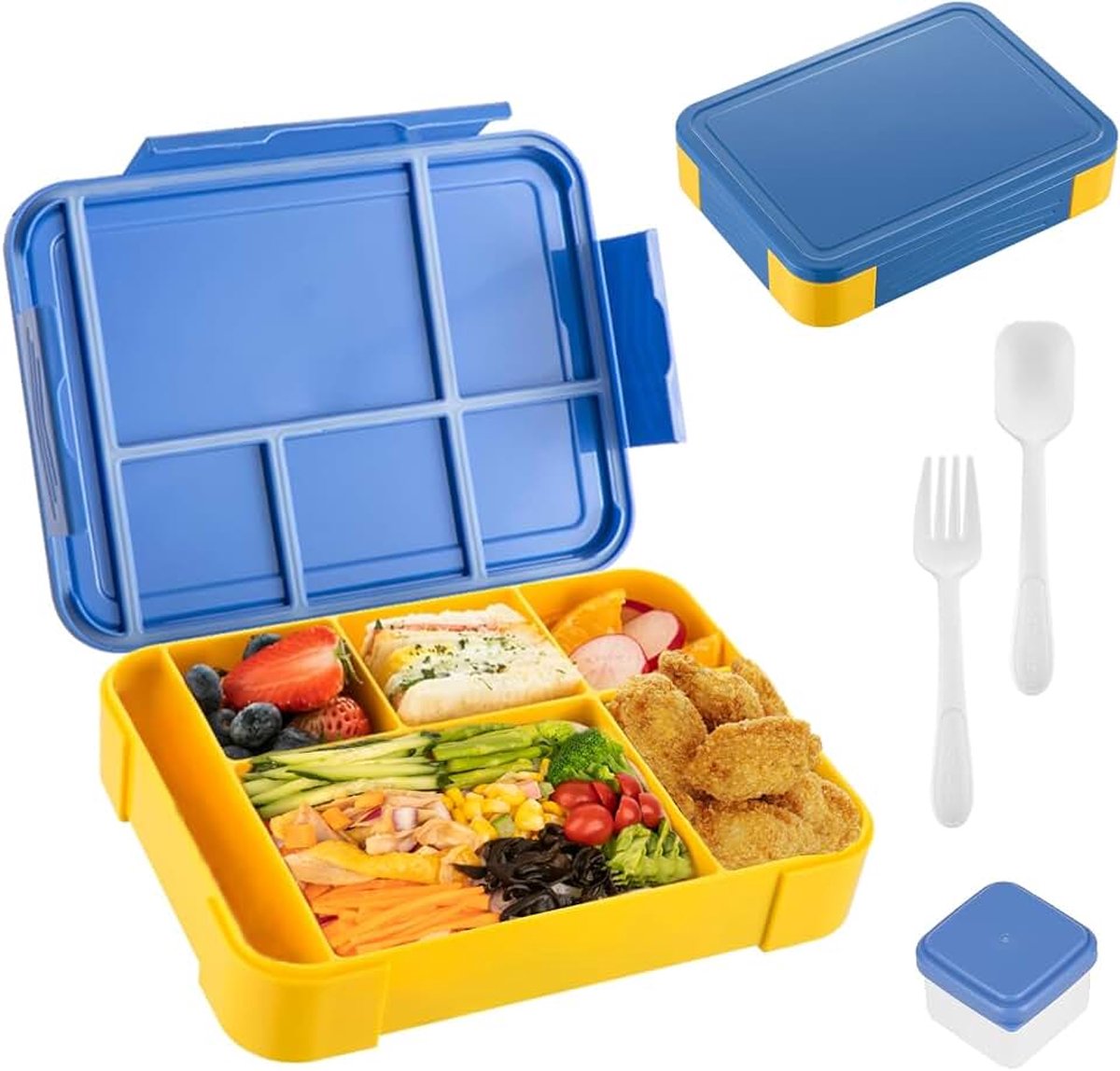 Bento Box voor kinderen en volwassenen met servies, broodtrommel met 6 compartimenten, 1 saladedressing containers, lekvrije snackbox, magnetron, vaatwasmachinebestendig, lunchcontainers voor school,
