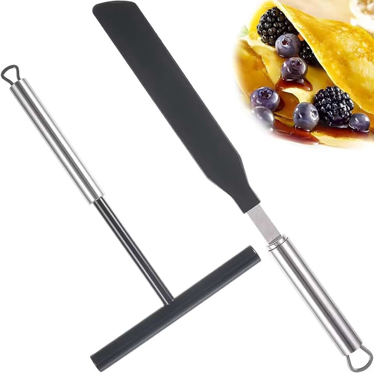2 stuks pannenkoekenspatel en spatel roestvrij staal, pannenkoekenverdeler, T-vormige deegverdeler voor pannenkoeken, pannenkoeken, keukenbakgereedschap