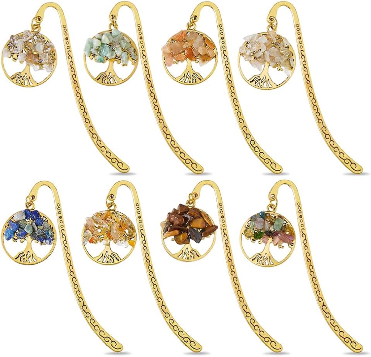 Legering in Tibetaanse stijl, 8 stuks, 8 stijlen, antiek goud met hanger, levensboom, bladwijzer, chakra met kristallen chip, bladwijzer voor boekenliefhebbers, 11 cm