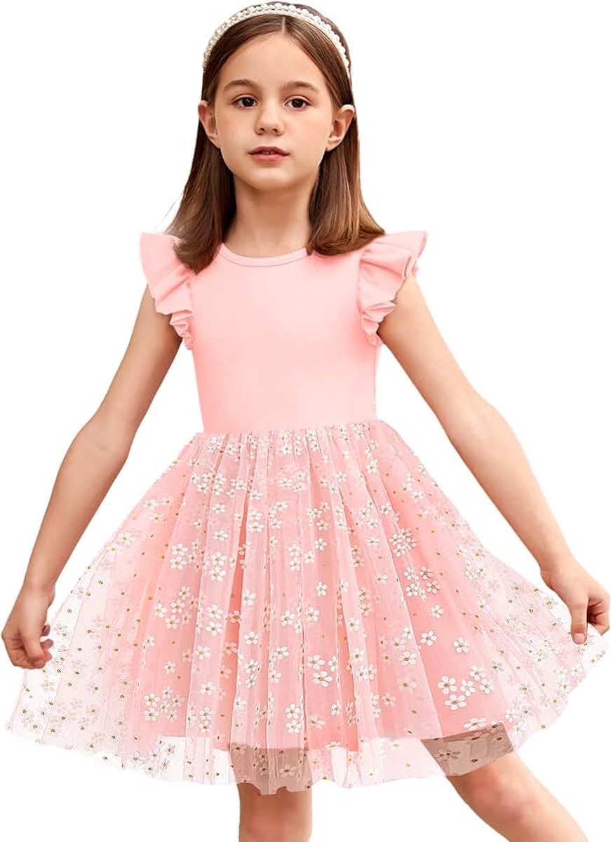 Meisjesjurk voor kleine kinderen, tule jurk, vliegende mouwen, prinsessenjurk, feestelijke jurk, tutu, kinderjurk, katoen, feestjurk, verjaardag, bruiloft, zomerjurk, 2-7 jaar