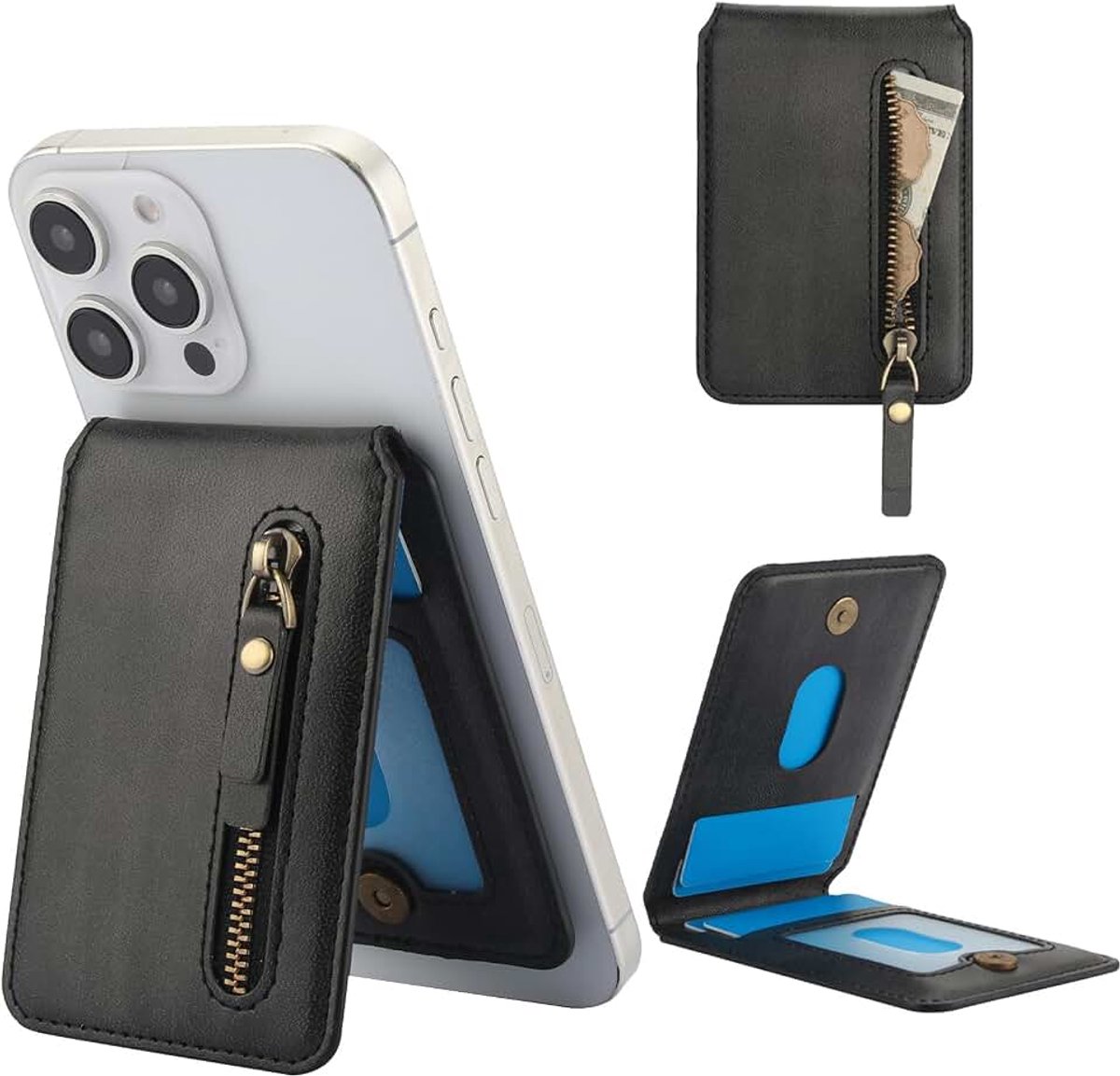 Magnetische Portemonnee met 5 Kaarthouders ZYKC Zwart | PU Lederen Kaarthouder met Verstelbare Standaard, Rits Portefeuille voor iPhone 17/16/15/14/13 Serie