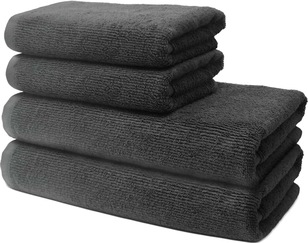 - Badkamer Set - 2 Volwassen Badhanddoeken 70x140cm + 2 Handdoeken 50x100cm Katoen - Zeer Zacht & Absorberend - Oeko-TEX gecertificeerd - Antracietgrijs