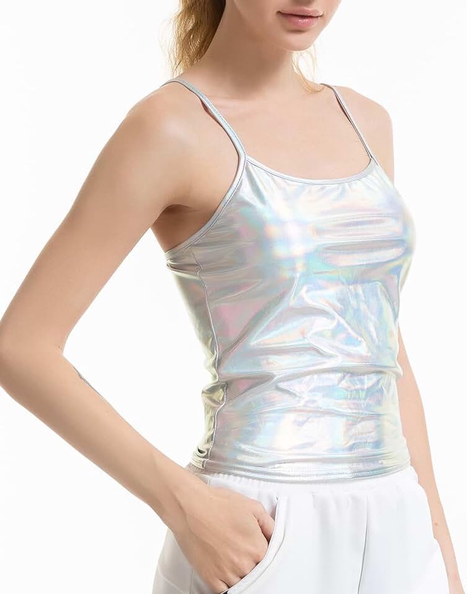 Dames glanzend metallic hemdje wetlook kort vest spaghettibandjes tank top party club danskleding basic strappy cami