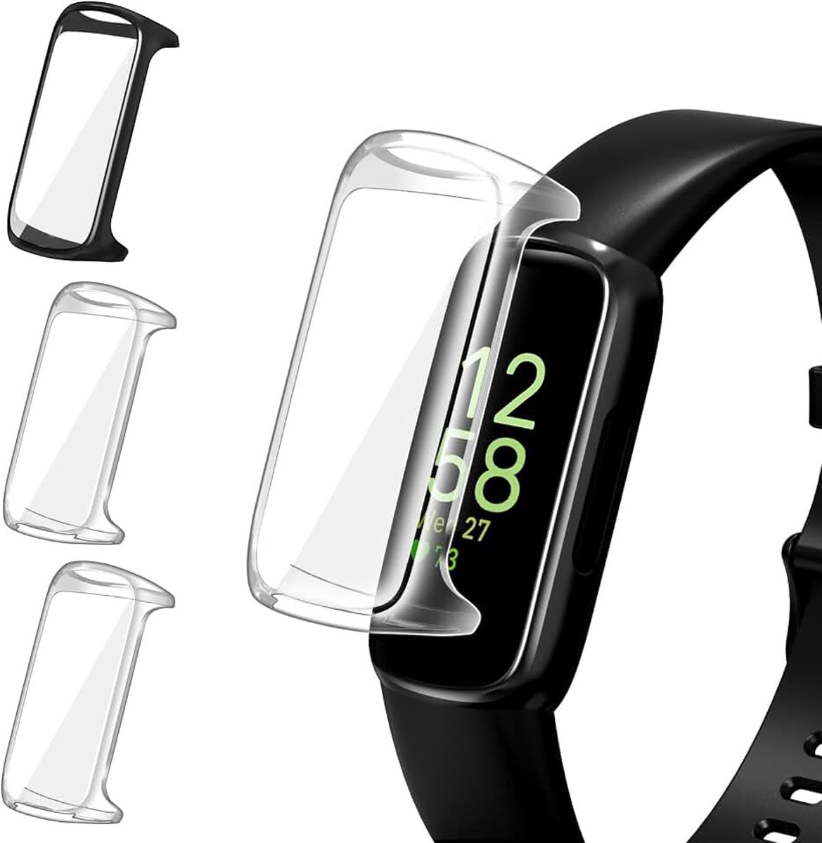 IVoler 3 stuks HD Clear Cover met displaybeschermfolie voor Fitbit Inspire 3, volledige afdekking, krasbestendig, ultradun, zacht, TPU, 2 transparant + 1 zwart