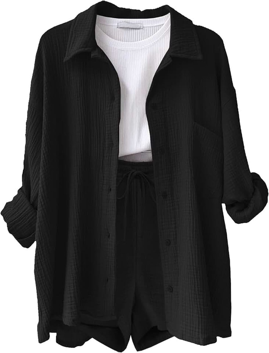 Casual 2-delige overallset voor dames, zomer, sets met korte mouwen van katoen en linnen, overhemden met knopen, mini-broek met trekkoord met hoge taille, set met zakken voor zomer en strand