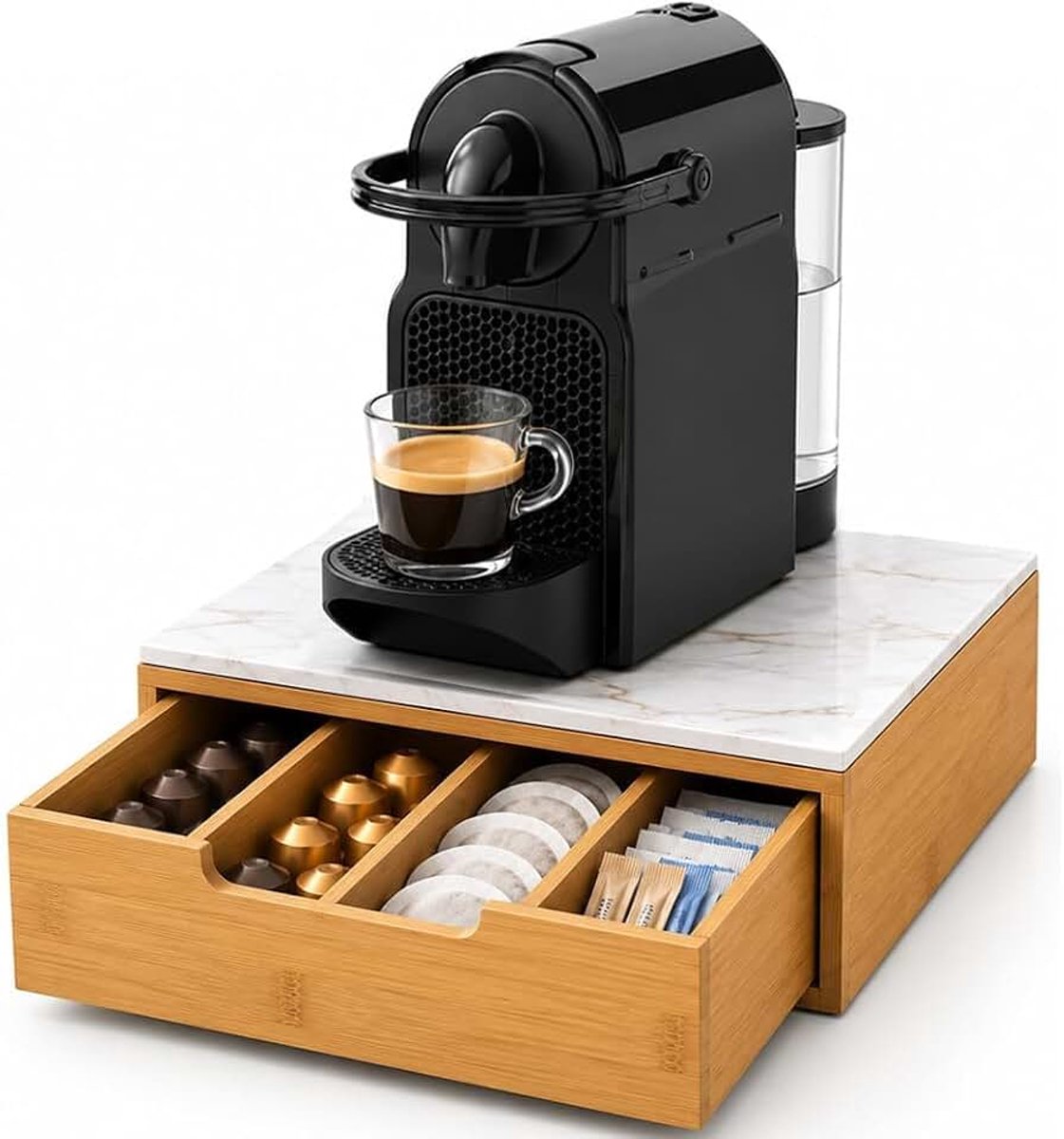Capsulehouder met lade voor capsules Nescpresso Dolcegusto Modomio Caffe Lavazza theezakje suiker van bamboehout (31,5 x 30 x 10 cm, taupe)
