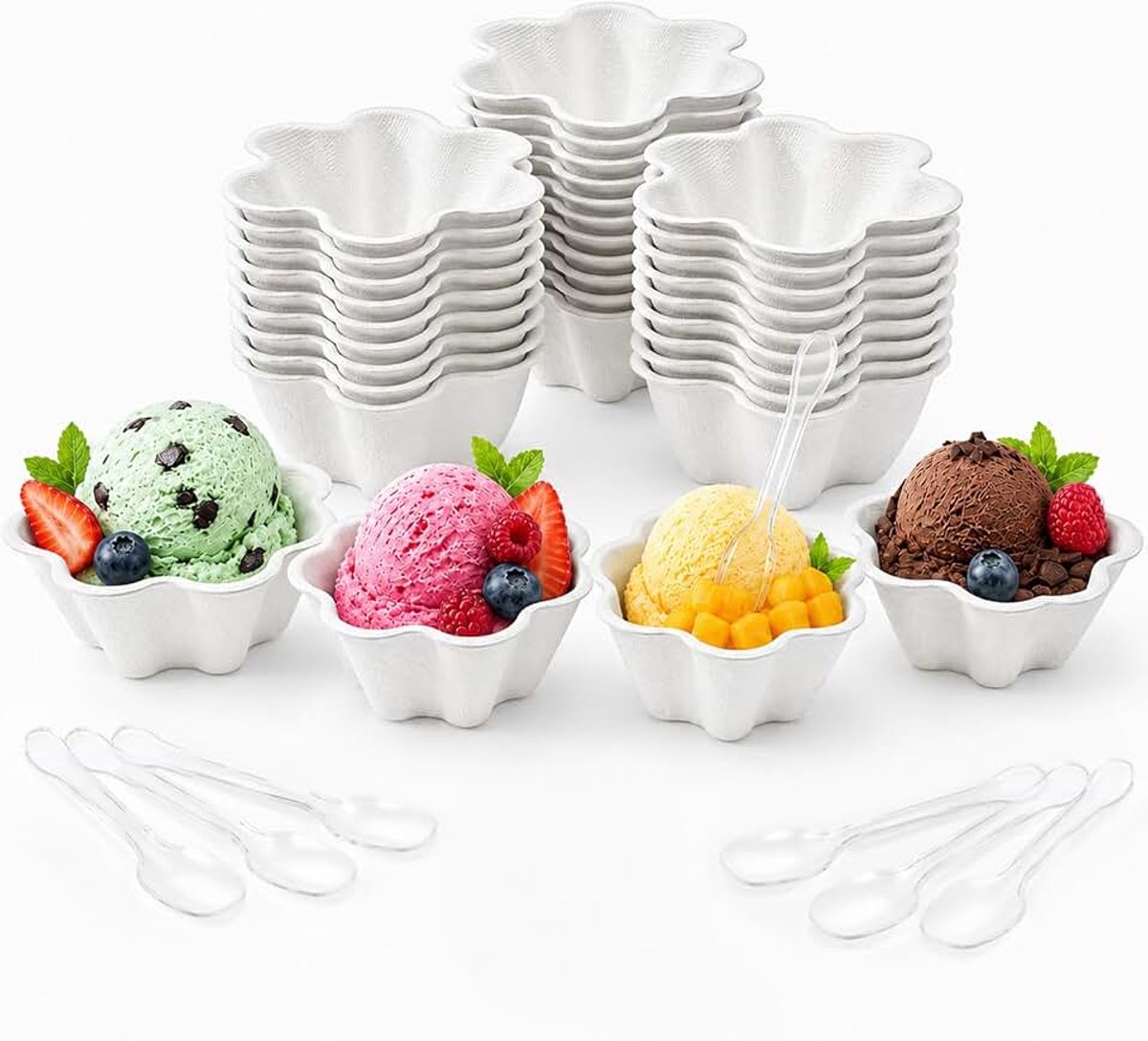 25/50 ijsbekers met lepels, wegwerpijsbekers van papier, kommen voor dessert, yoghurt, fruit en feest (50, I)