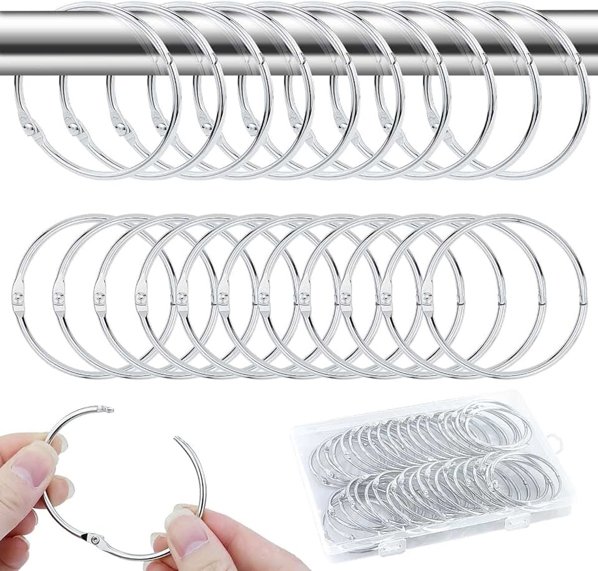 Ringen van metaal, 50 mm gordijnringen om te openen, zilveren gordijnringen, douchegordijnringen, gordijnringen, hangende ringen voor douchegordijnen en gordijnroedes