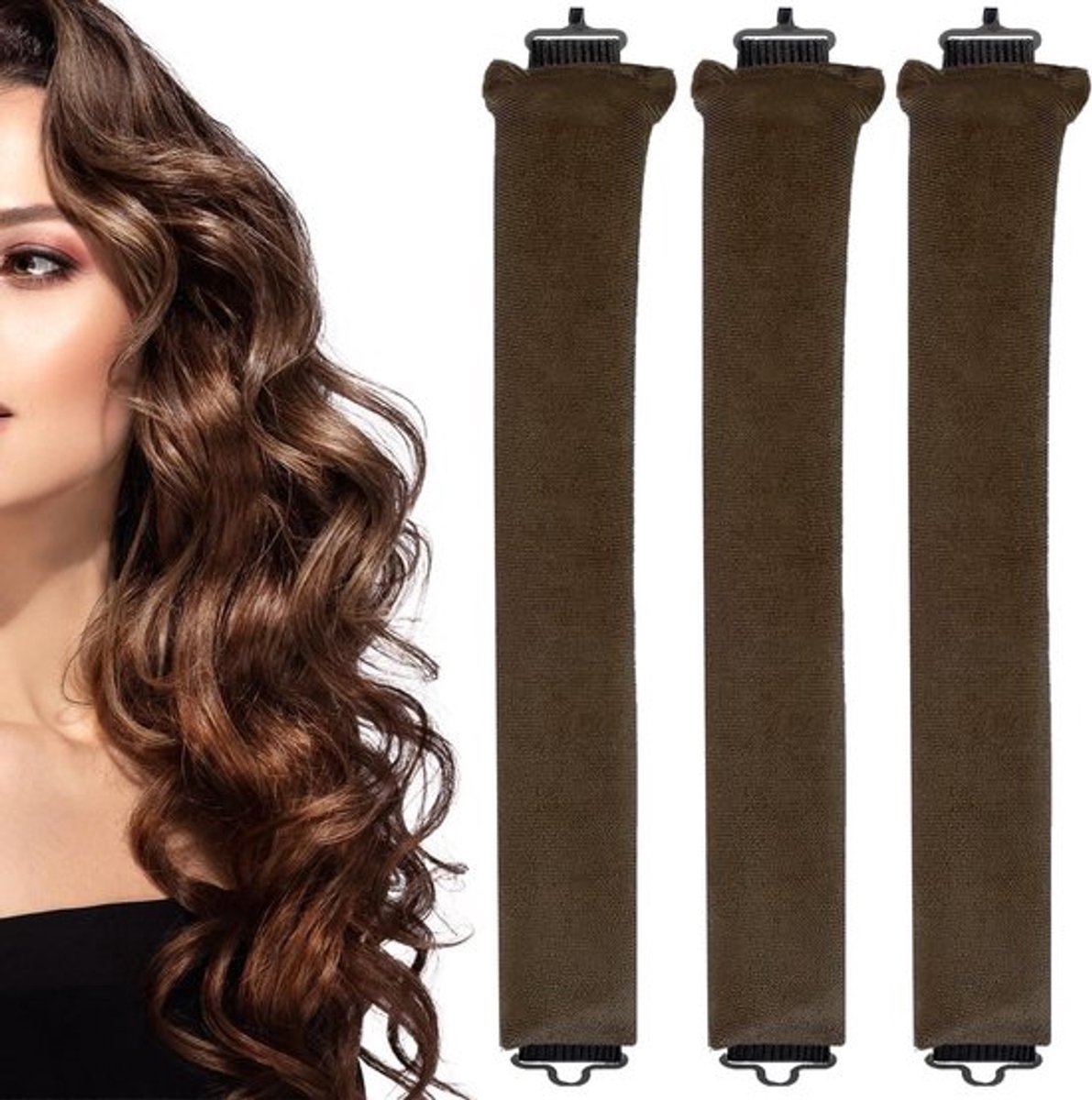 3-delige set Haarrollers voor Heatless Curling - Geen warmte Overnachting Krullers - Lang Haar - Bruin