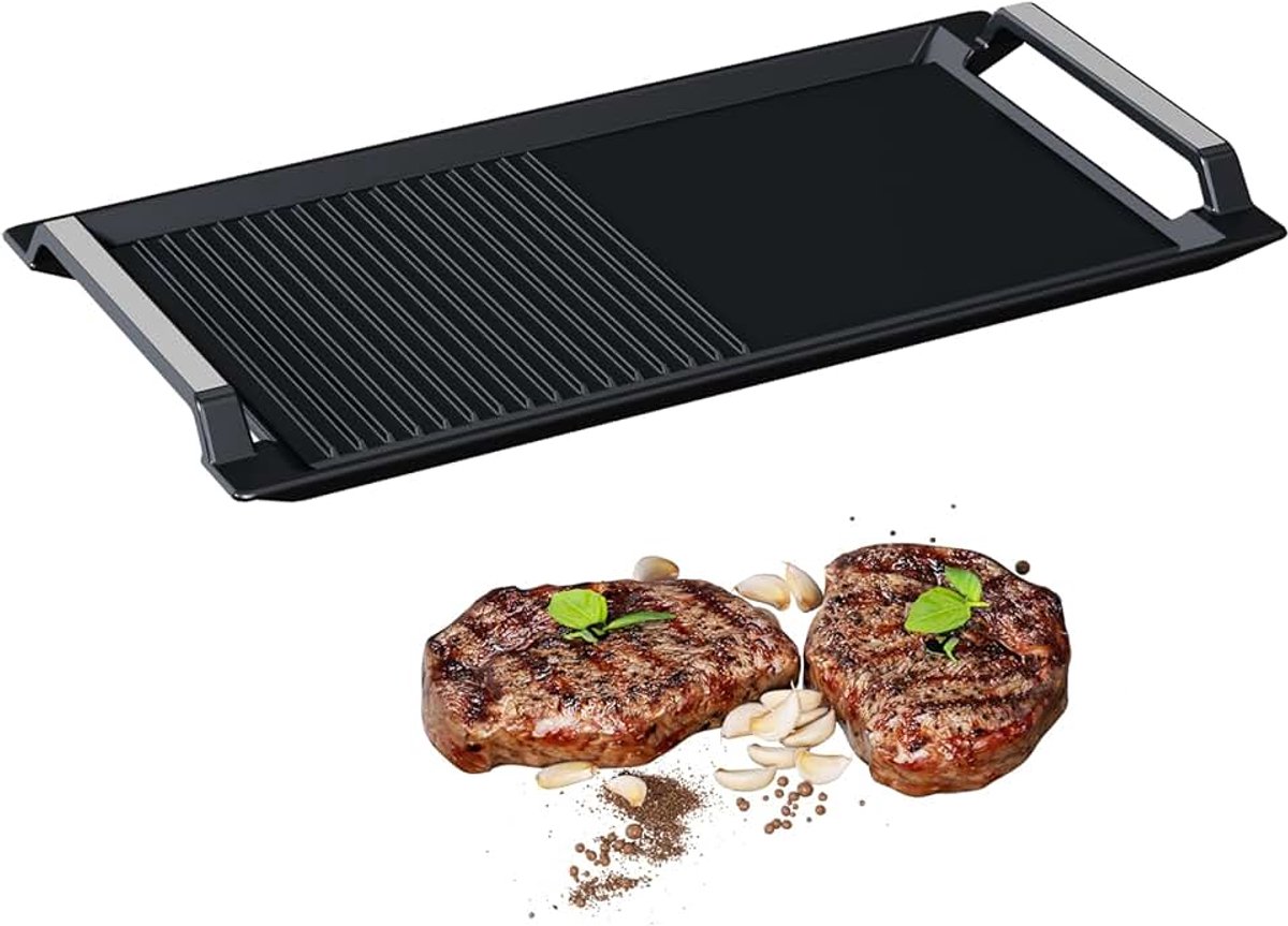 Grillplaat, 43 x 23 cm, 2 handgrepen, anti-slip grillpan met half geribbeld en half glad oppervlak, voor inductie, kookplaten, oven, barbecue, gasgrill