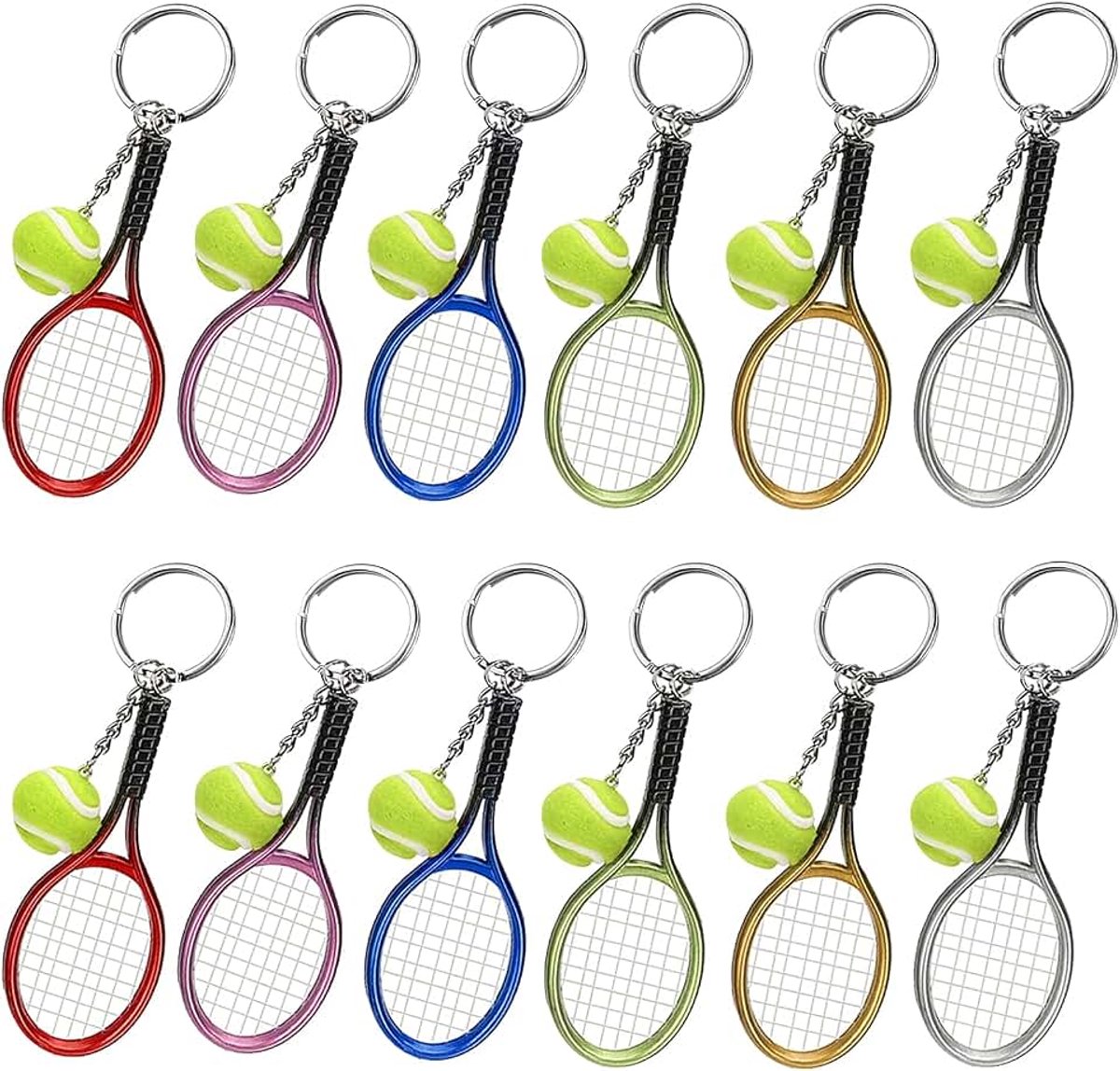 Tennisracket Sleutelhanger Lichtgewicht Tennisracket Sleutelring voor Tennisliefhebbers, 6 kleuren, 12 stuks