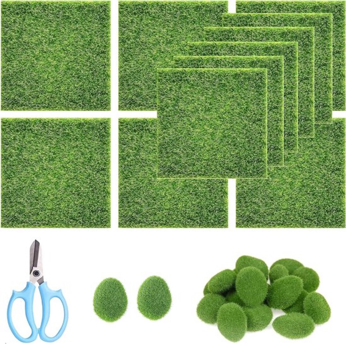 Set van 28 Kunstgras Matten en Decoratieve Schuimstenen voor DIY Mini Landschappen - 15x15 cm Groen Kunstgras en Natuurlijke Decoratie