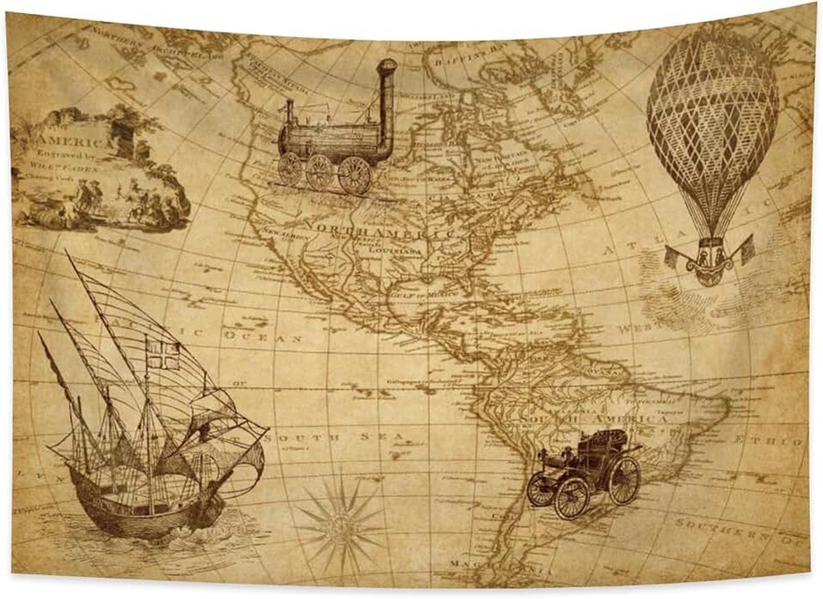100x70cm Wereldkaart Tapijtwerk wandkleden, Amerikaans continent Industrieel tijdperk Uitvinding Deken voor kamer Oude eeuw Avontuur Historische ontdekking voor school Klas kamer Slaapzaal
