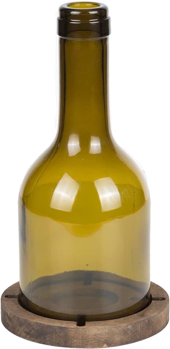 Fles kaarsenhouder op houten plateau - Vini | 75 x 75 x 185 mm | Houten standaard | Gemaakt van gerecyclede wijnfles | Duurzaam Turks hout | Bruin