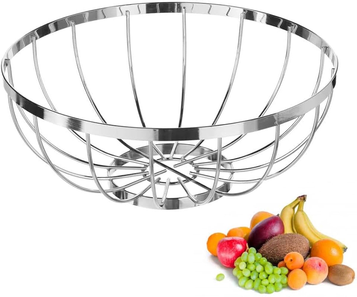 Design Fruitschaal Rond - Schaal voor fruit - Ronde Design Fruitmand - Metaal - Afm: 31 x 31 x 12.5 Cm - Zilver