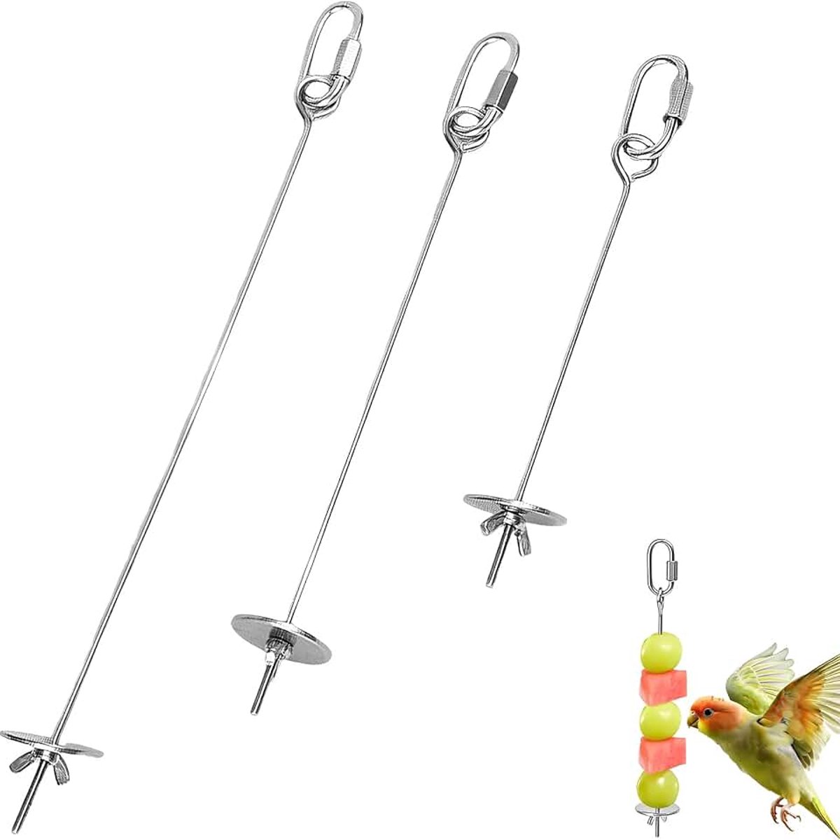 Voederdispenser om op te hangen, haak en fruitvork, afmetingen: 17,5 / 23 / 28 cm, voor wilde vogels, kolibries en mussen, 3 stuks