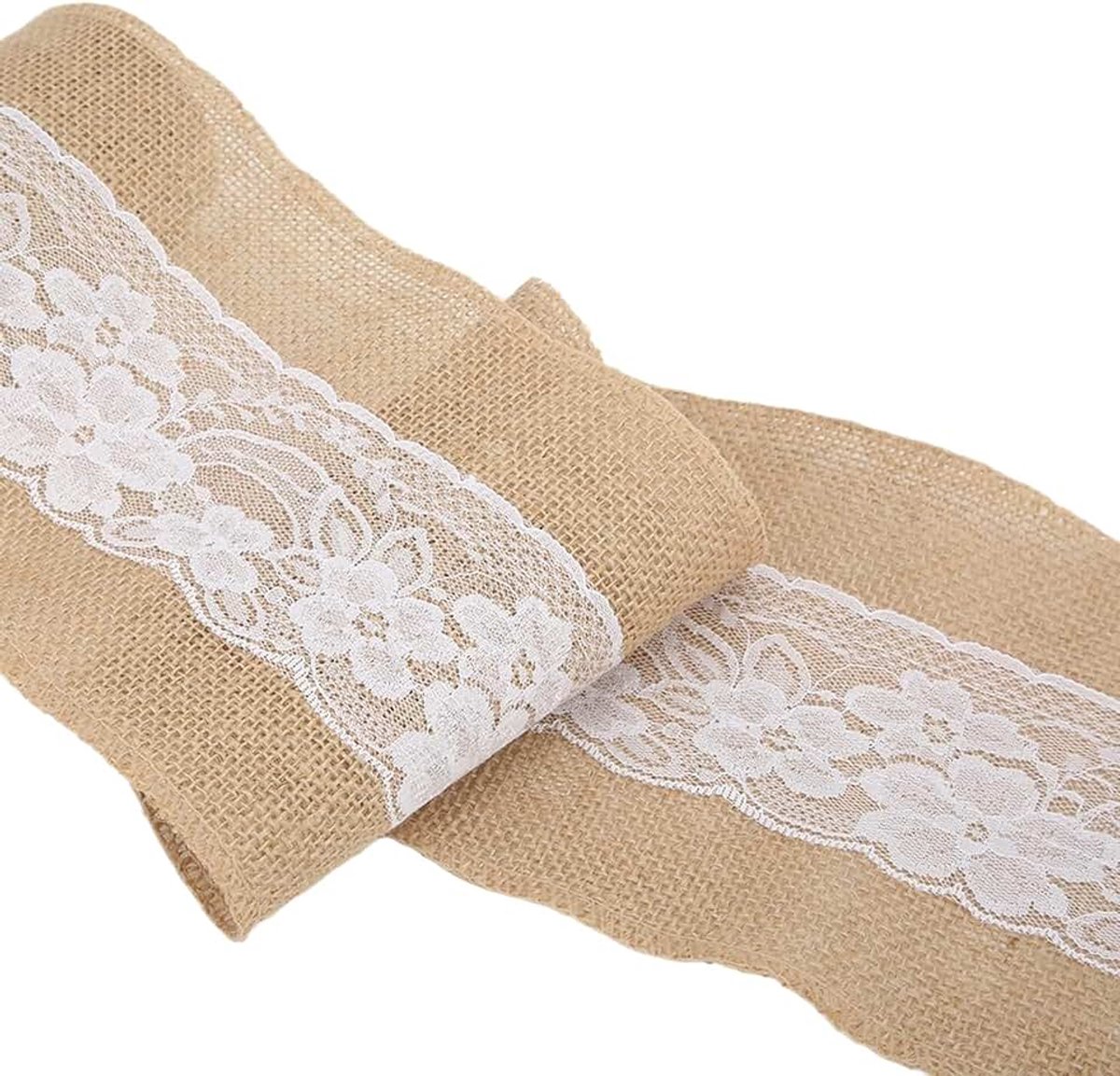 2 stuks natuurlijke jute jute lint rol, witte kanten randen tape handgemaakte lint bruiloft feest decor voor doe-het-zelf decoratie, bruiloft feest en geschenkverpakkingen