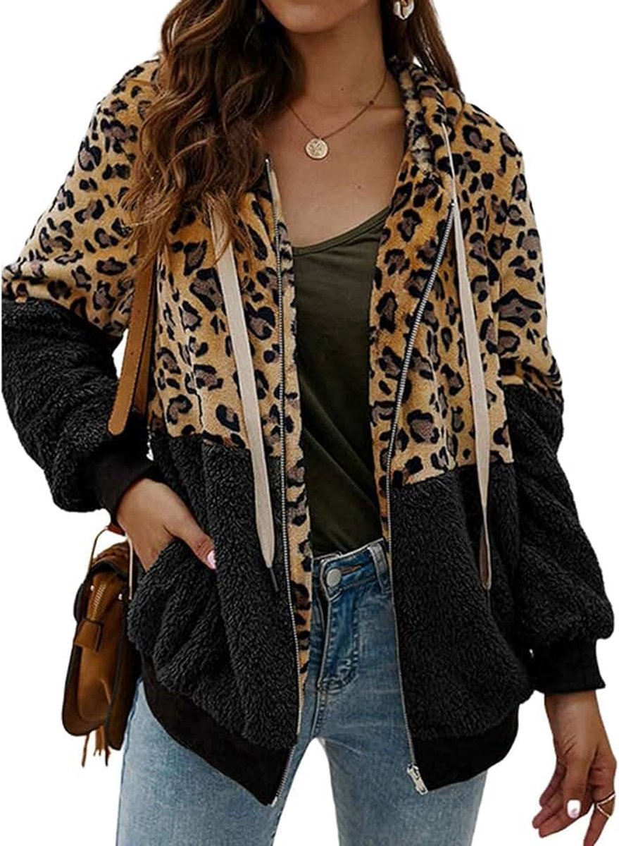 Dames Fleece Jacket Met Capuchon Warm Gevoerde Leopard Print Hoodie Casual Zip Cardigan Voor Buiten