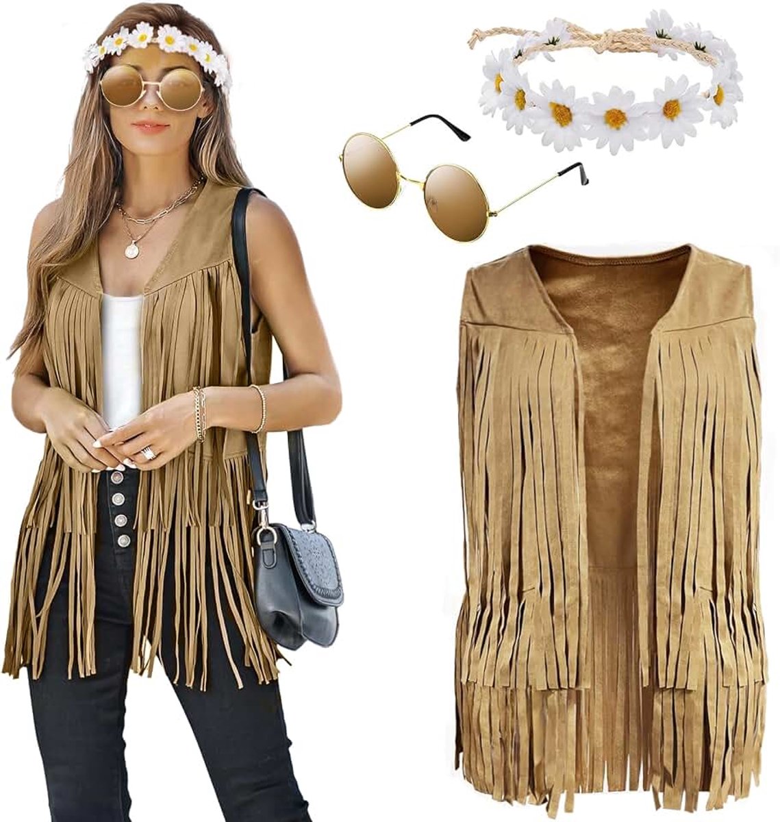 Dames franjevest dames hippie vest dames mouwloos met bril hoofdband, carnavalskostuum dames carnavalskostuum dames, jaren 60 en 70 kleding dames disco outfit hippiekleding